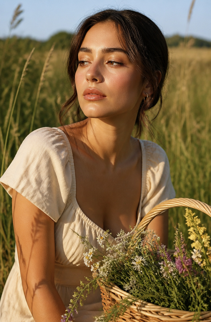 A model showcasing golden champagne eyeshadow in a sunlit meadow.