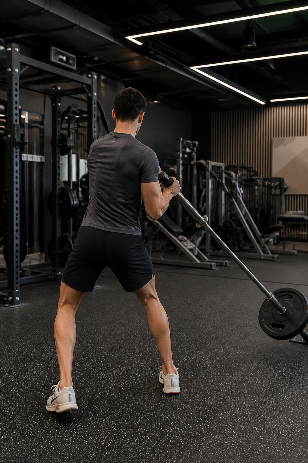 Person rotating a T-bar from one hip to the other.