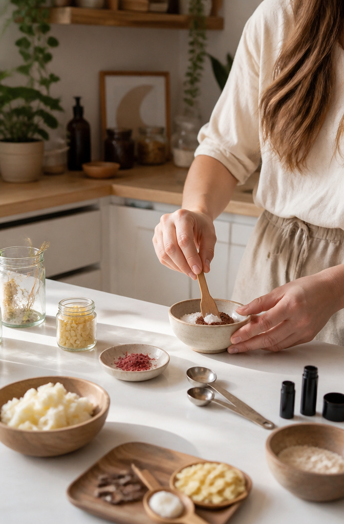A model mixing ingredients for homemade tinted lip balm.