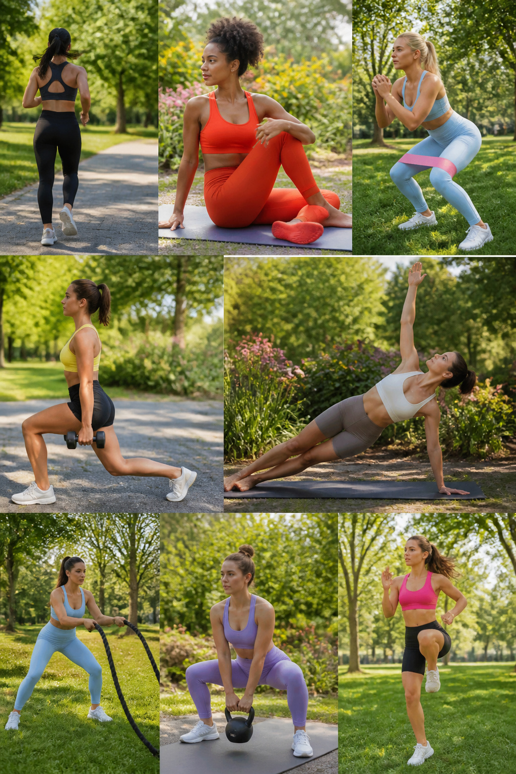 Collage of diverse female fitness models engaged in various activities.