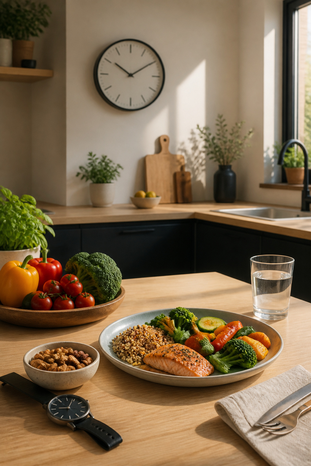 A table with a watch, nuts, and balanced meals for meal prep.