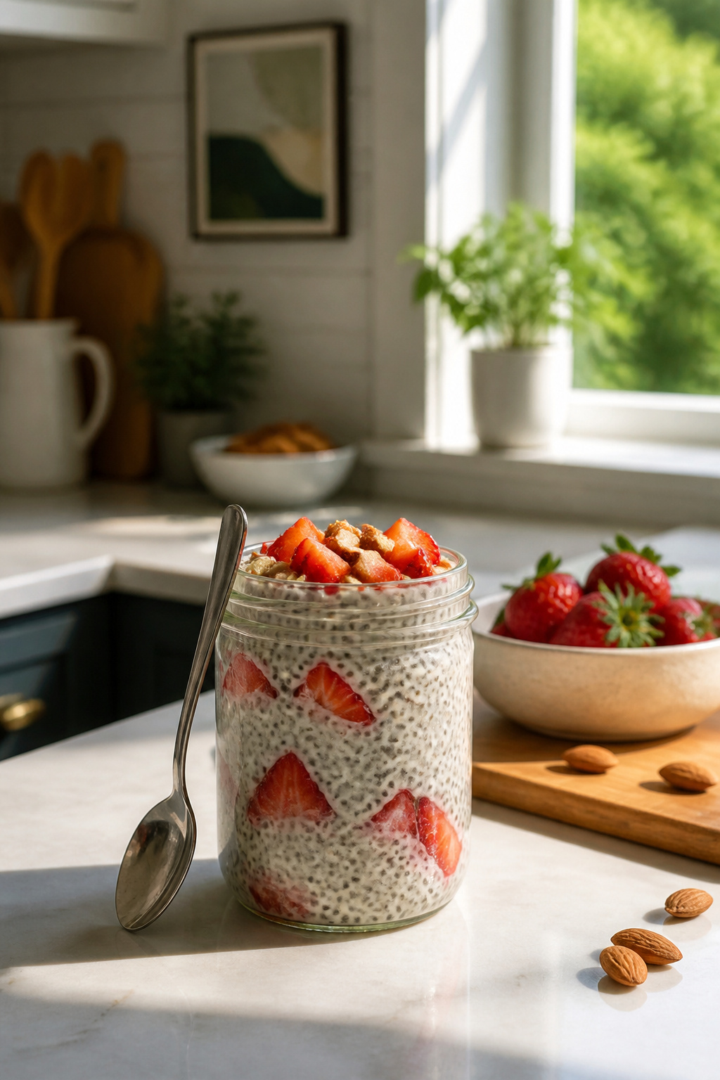 Keto overnight chia pudding in a jar with strawberries and nuts on top.