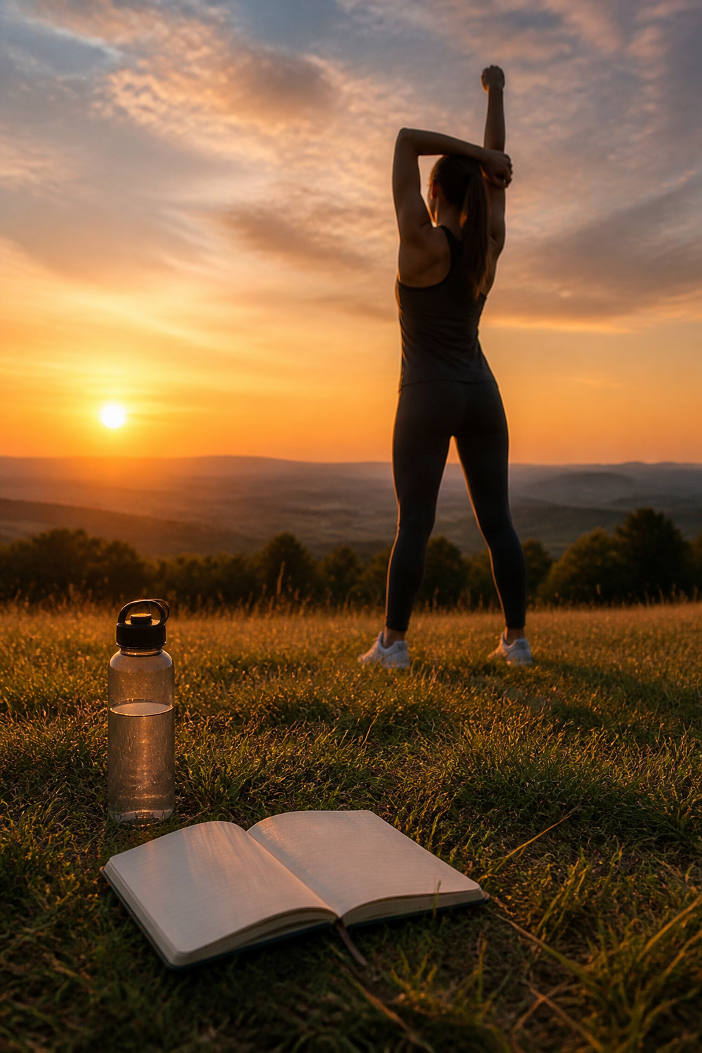A person stretching in a field at sunset with a water bottle nearby.