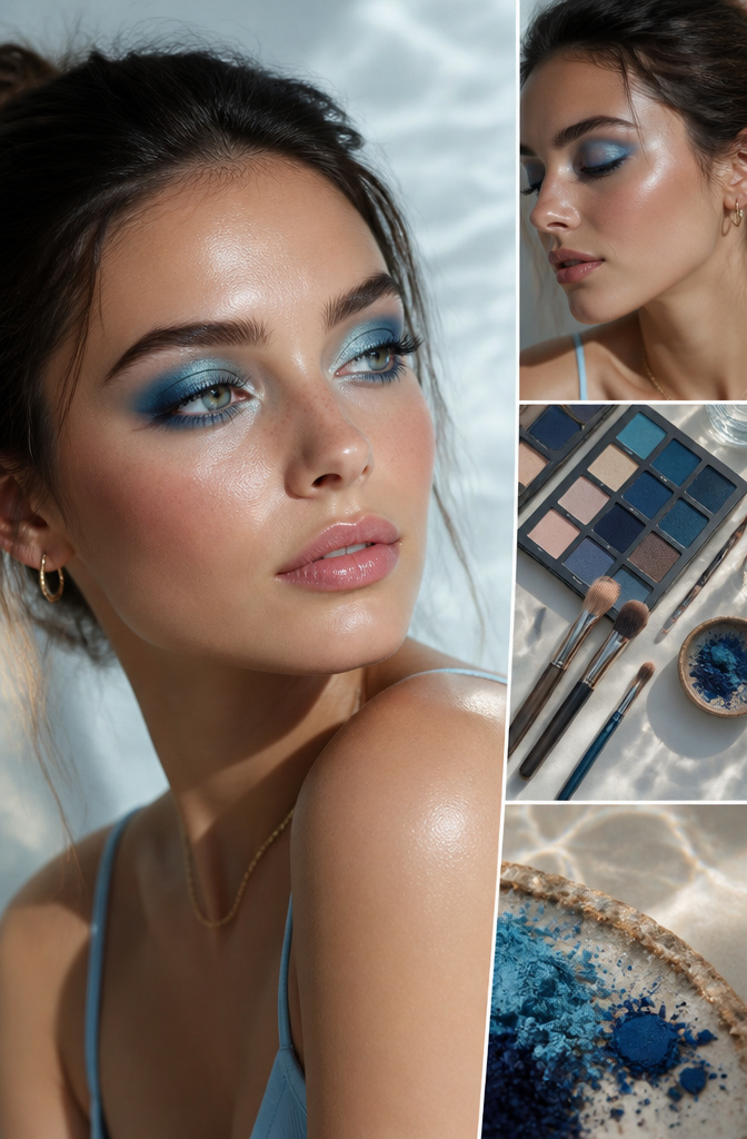 Model showcasing an ocean-themed blue eyeshadow look.