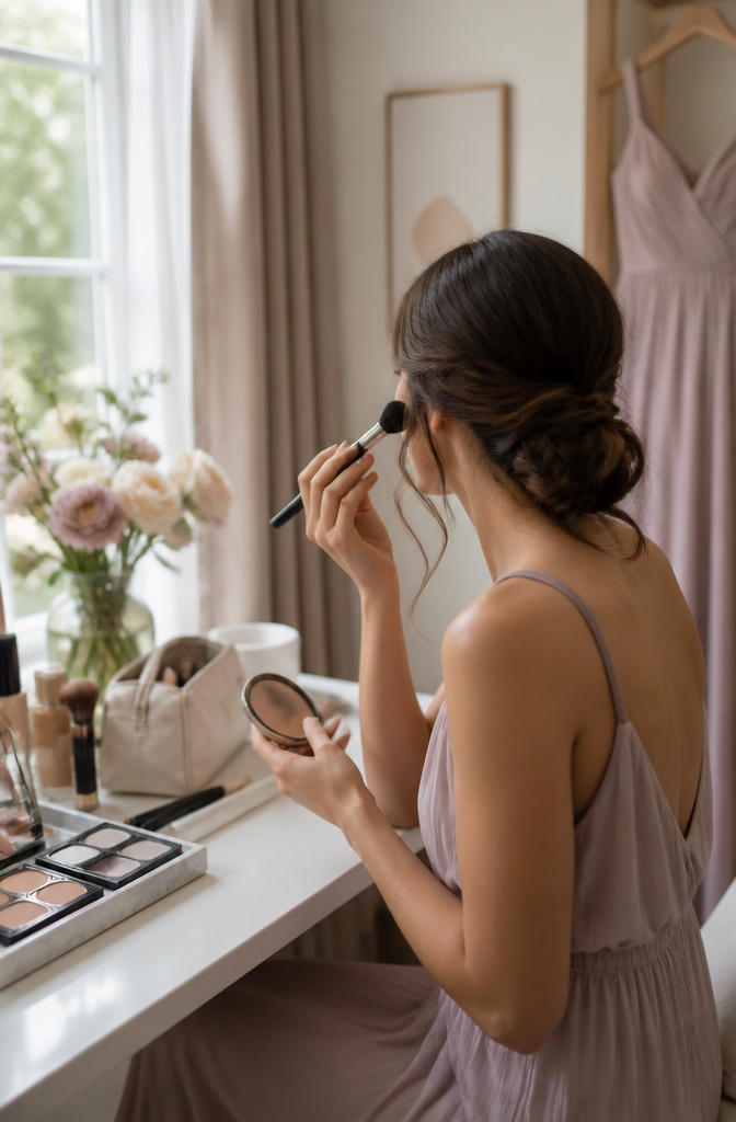 Bridesmaid applying natural contour in a dressing room.