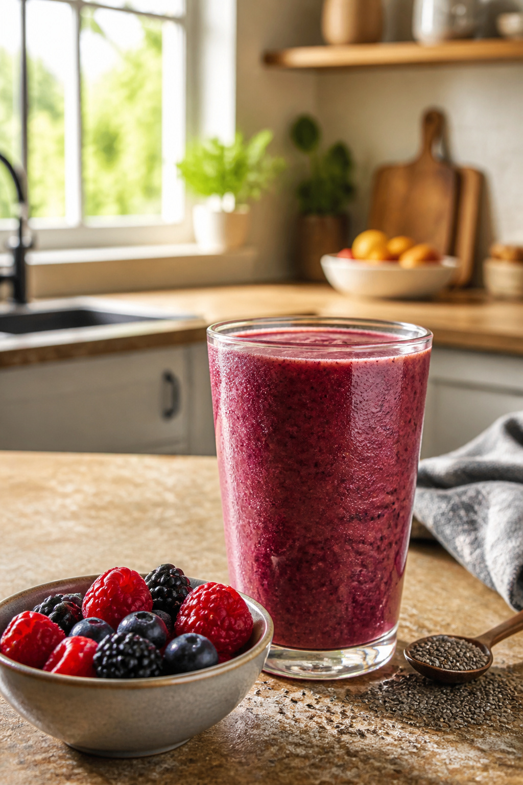 Berry Antioxidant Smoothie in a glass with fresh berries on a countertop.
