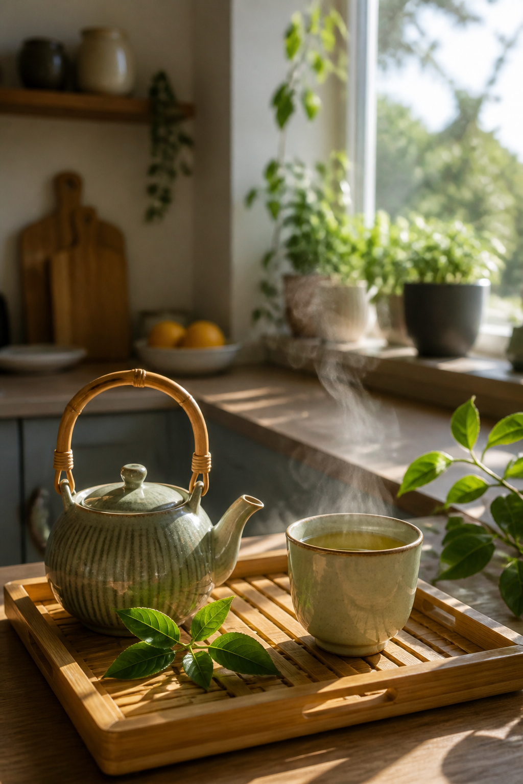 A teapot next to a mug of green tea on a kitchen counter.