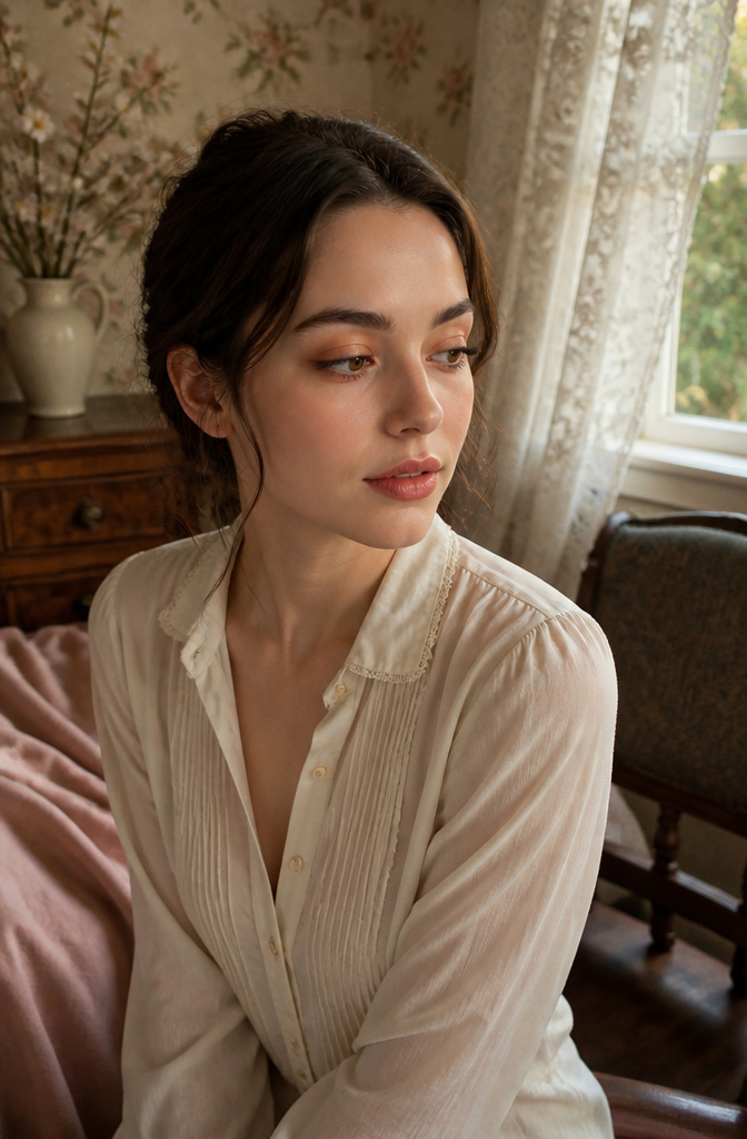 A model with muted cedar tones and champagne shimmer in a room.