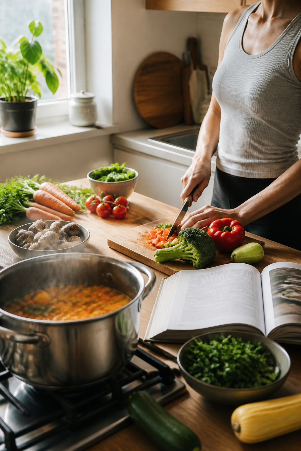 A person chopping vegetables on a cutting board in a sunny kitchen.