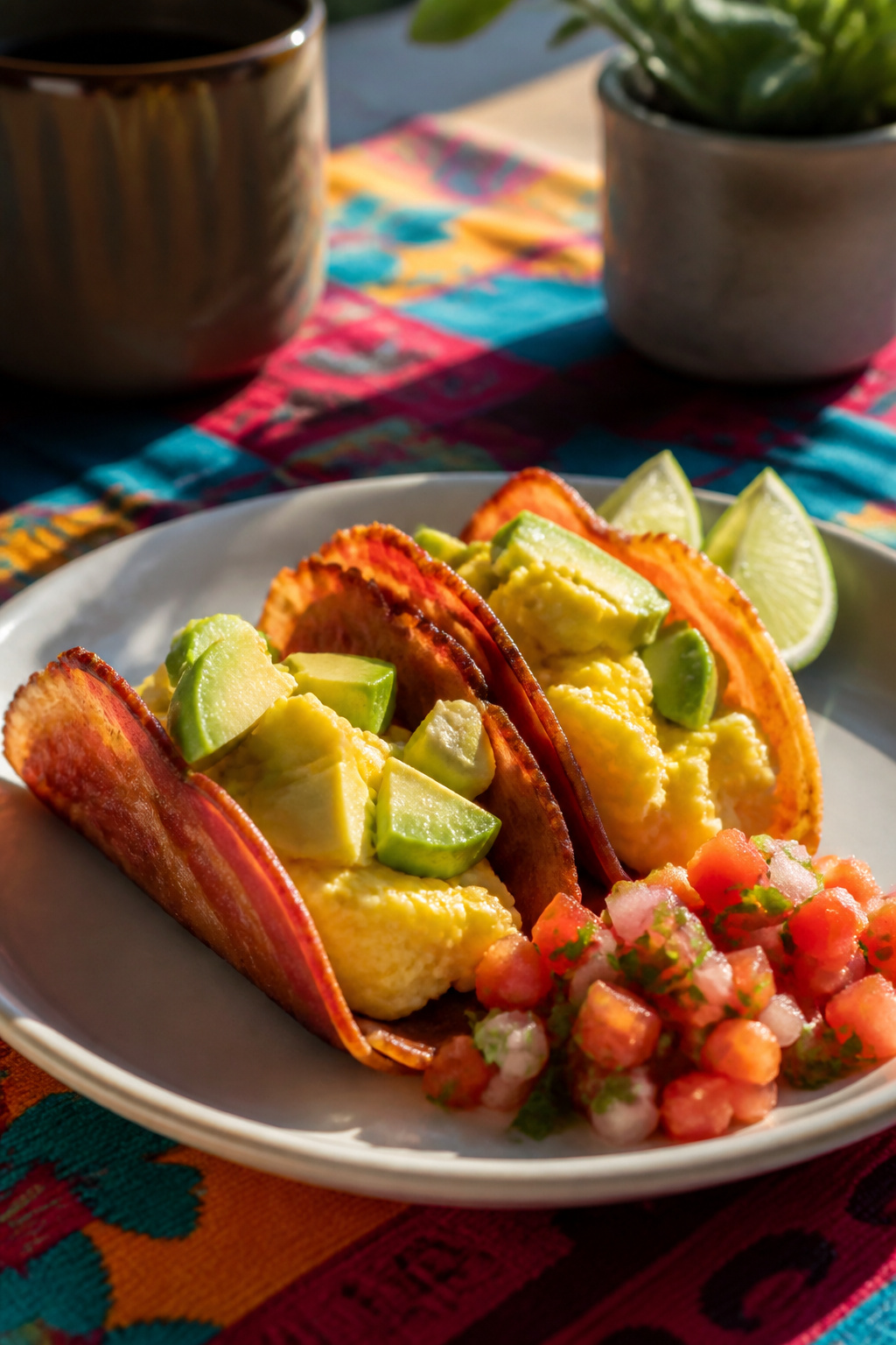 Keto breakfast tacos made with bacon shells filled with eggs and avocado.