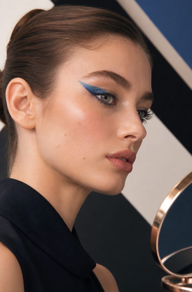 Model with a sharp blue winged eyeshadow look.