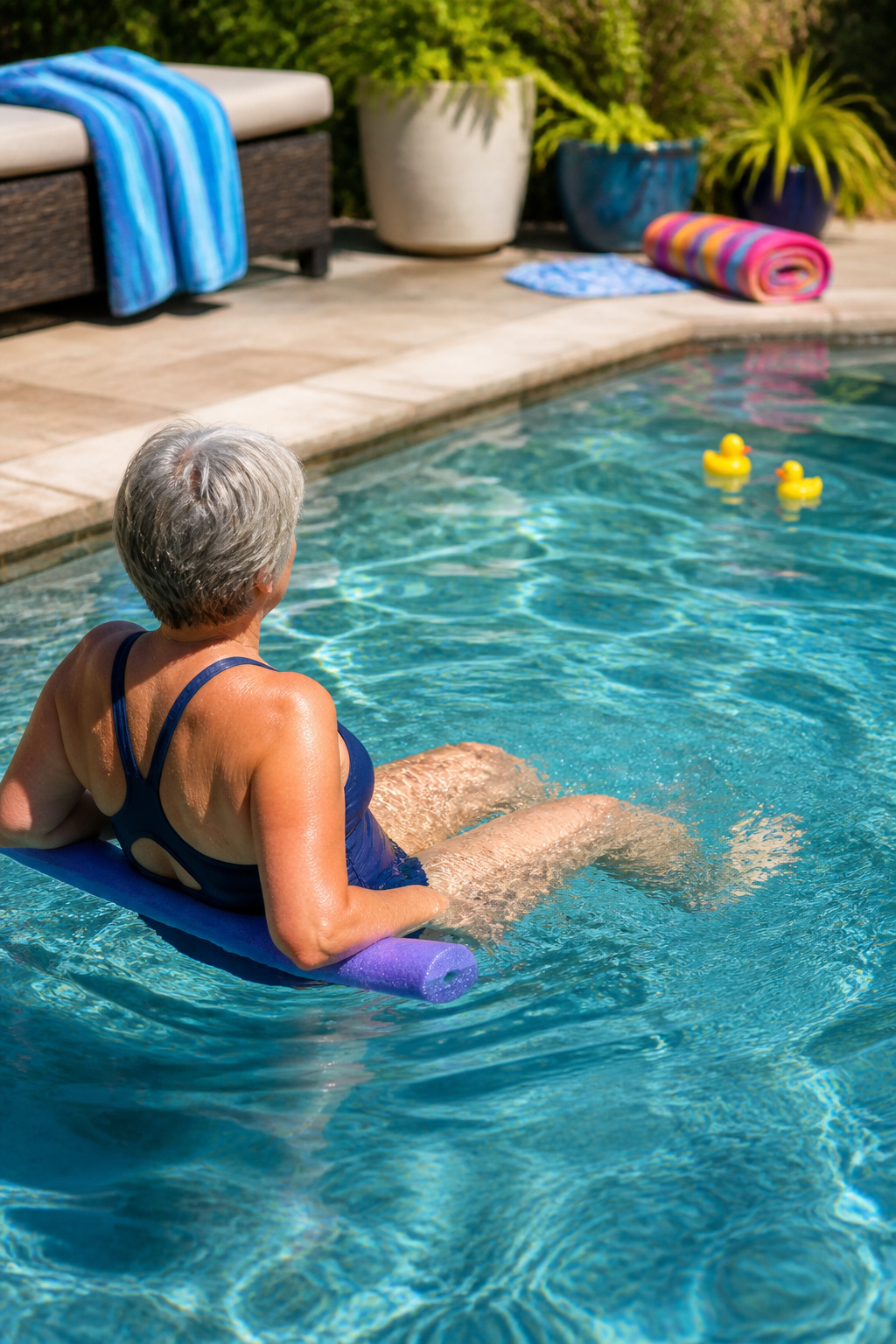 Individual performing noodle exercises while seated in deep water.