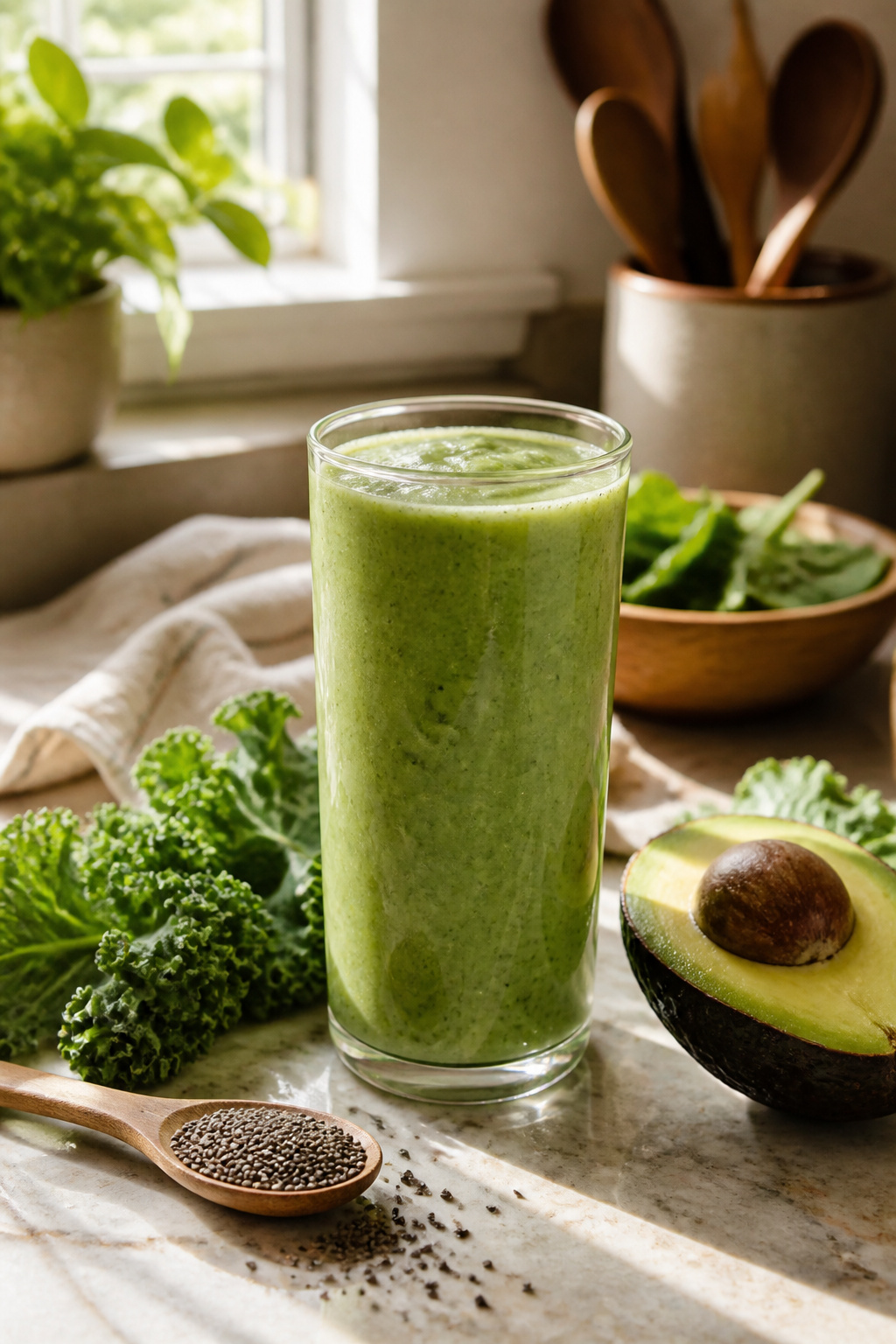 Creamy Kale Smoothie in a glass with avocado and chia seeds nearby.