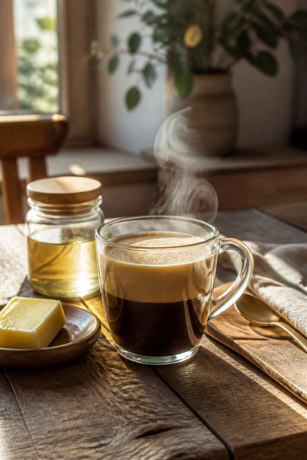 Keto coffee in a cup on a wooden table, with butter and MCT oil nearby.