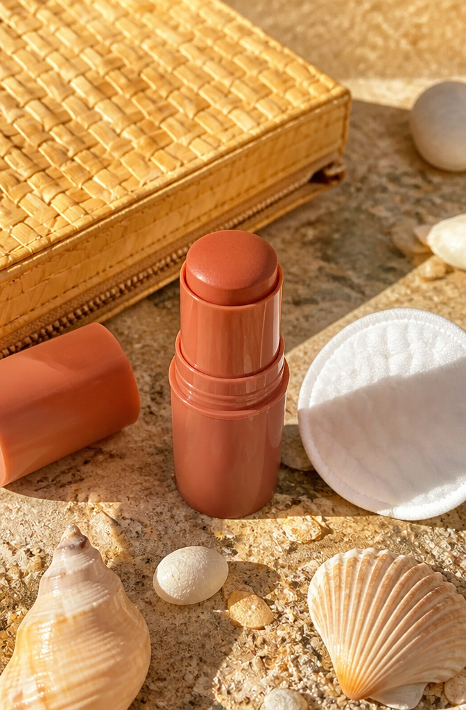 Brown Blush Makeup: 20 Best Picks for 2026 17 TOWER 28 BeachPlease Lip + Cheek Cream Blush shown with beach-themed decor.