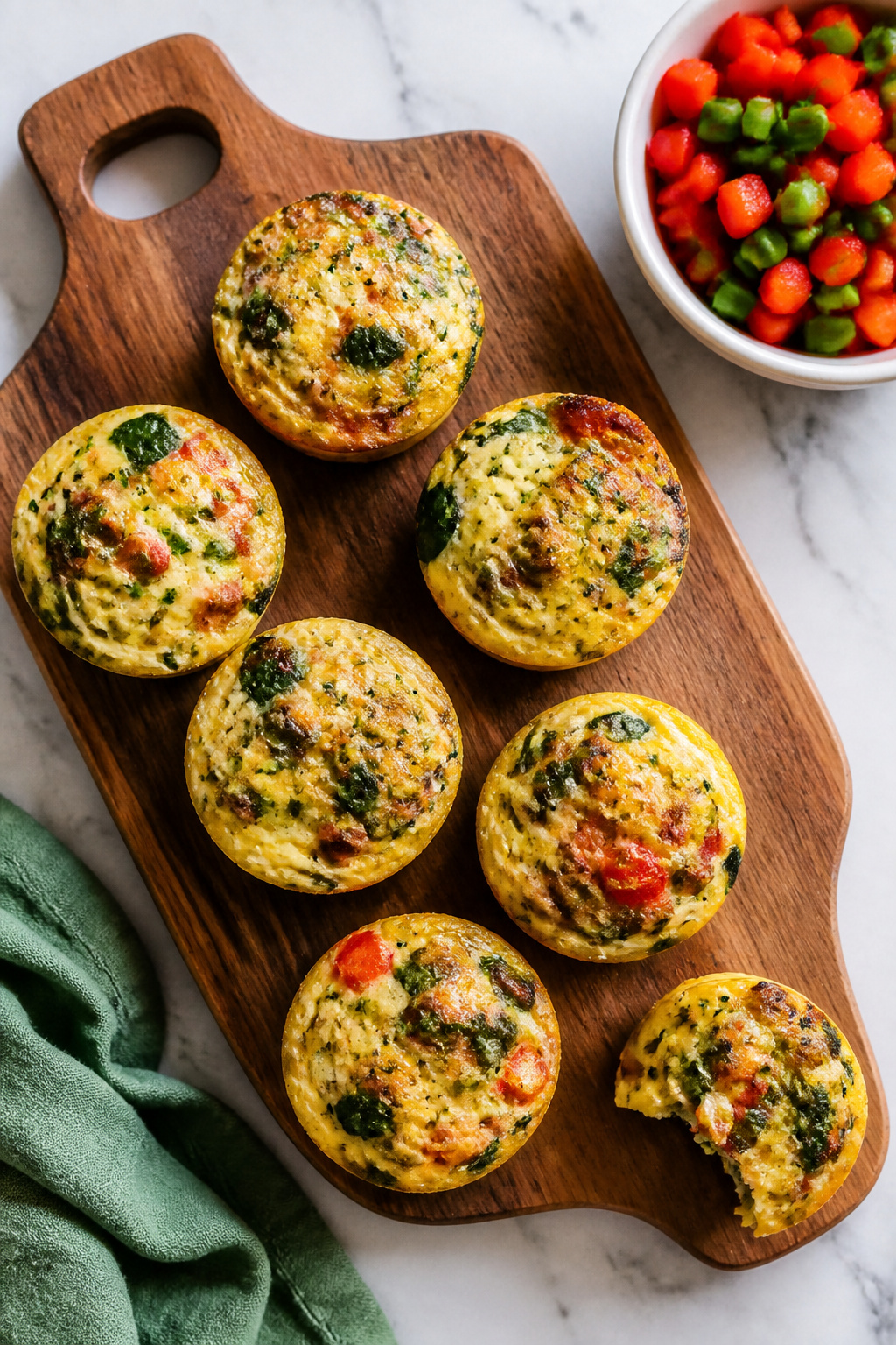 Keto egg muffins in a muffin tin, filled with vegetables and meat.