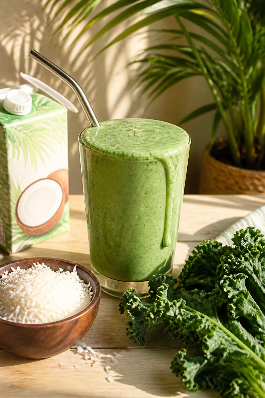 Coconut Kale Smoothie in a stylish glass with coconut and kale leaves.