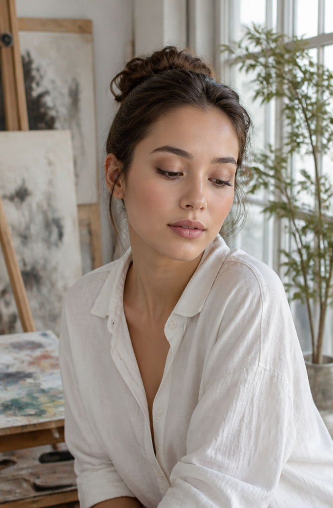 A model with satin greige eyeshadow in a well-lit studio.