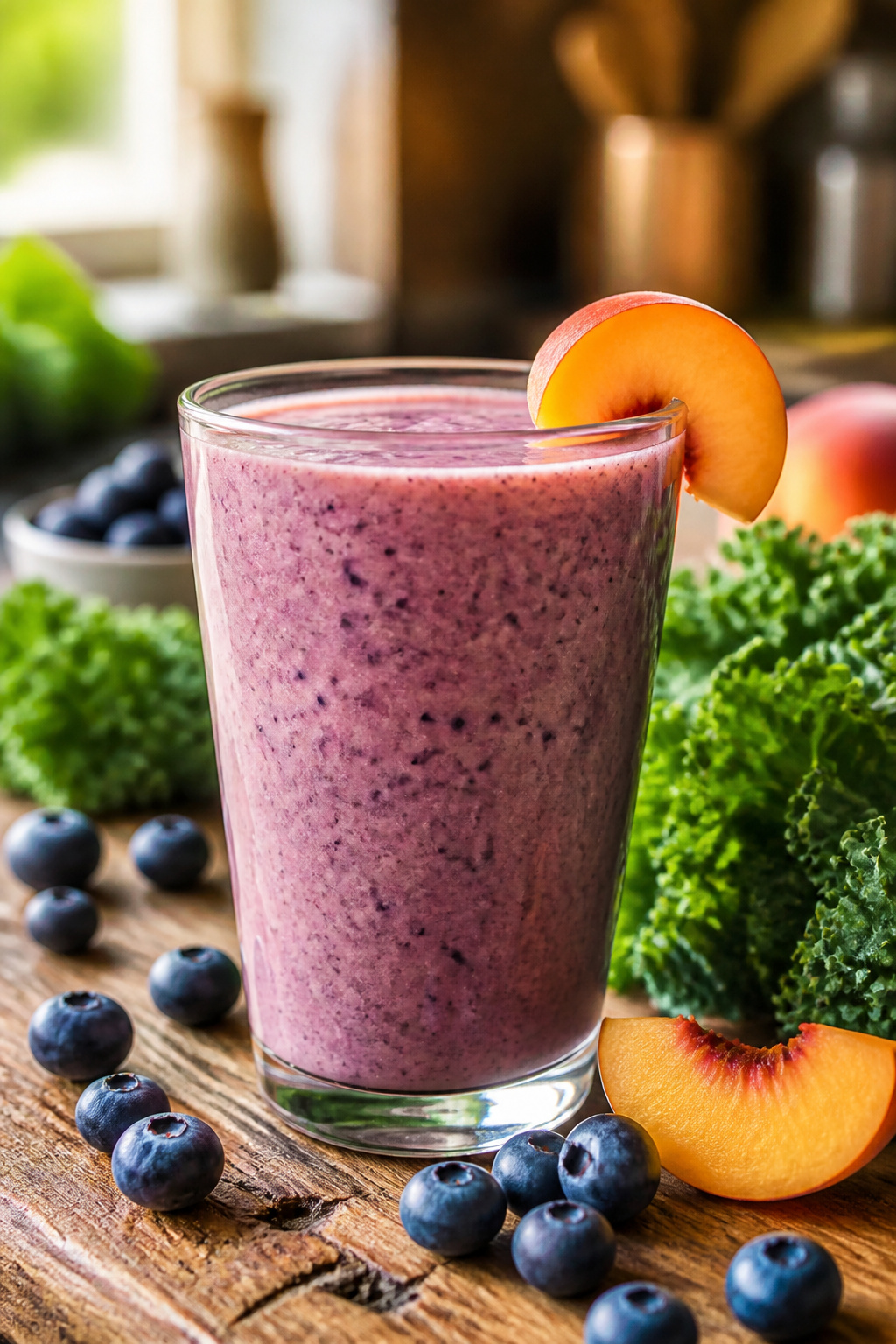 Peach Blueberry Smoothie in a glass with fresh peaches and blueberries around.