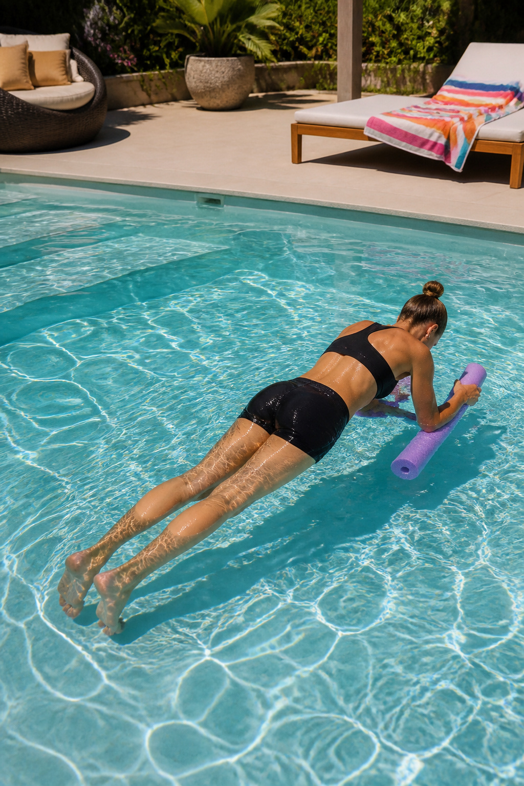 Individual in a plank position supported by a noodle in water.
