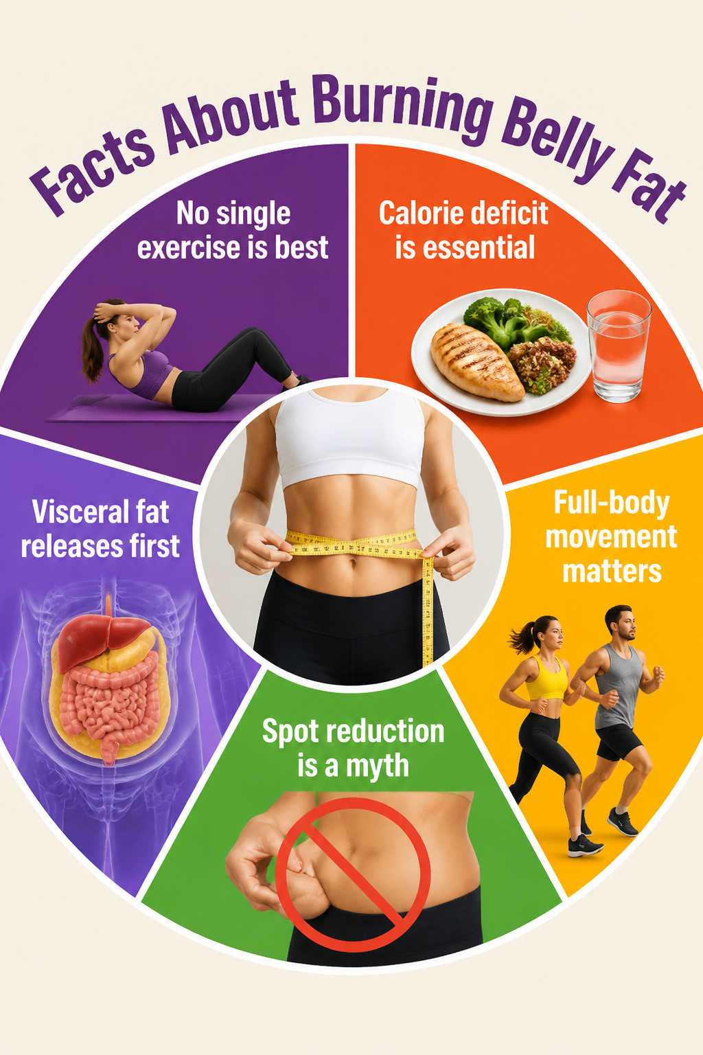 Graphic detailing facts about burning belly fat through various methods.