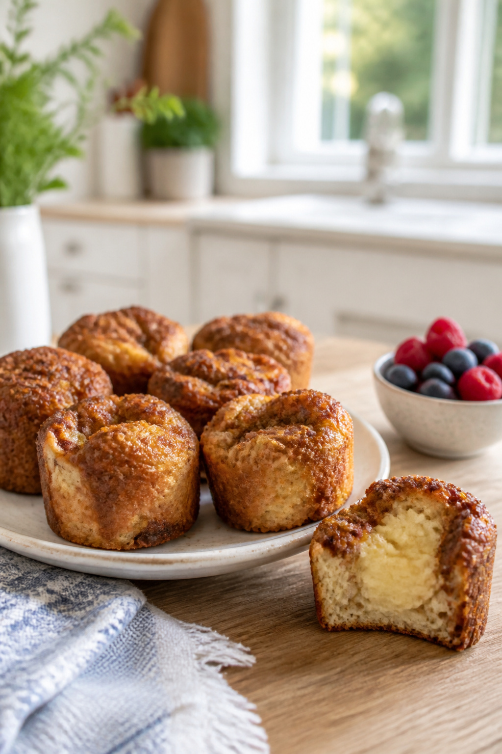 Keto French toast muffins on a plate, garnished with berries.