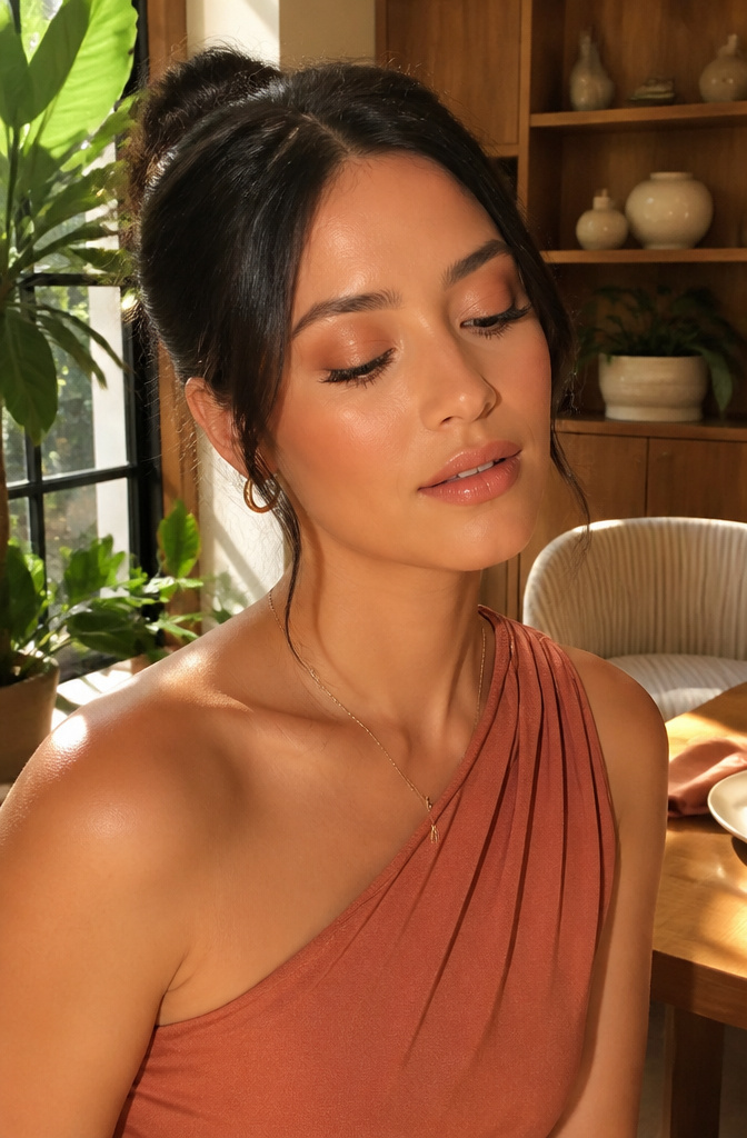 A model showcasing matte peach eyeshadow in a warm setting.