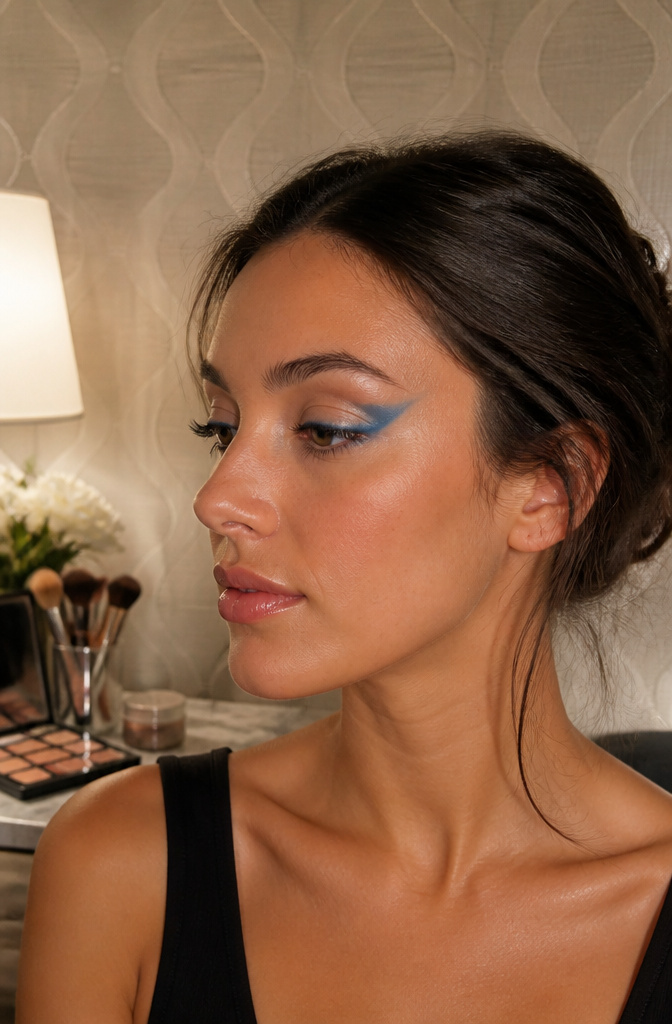 Model showcasing azure-winged eyeshadow that extends outward.