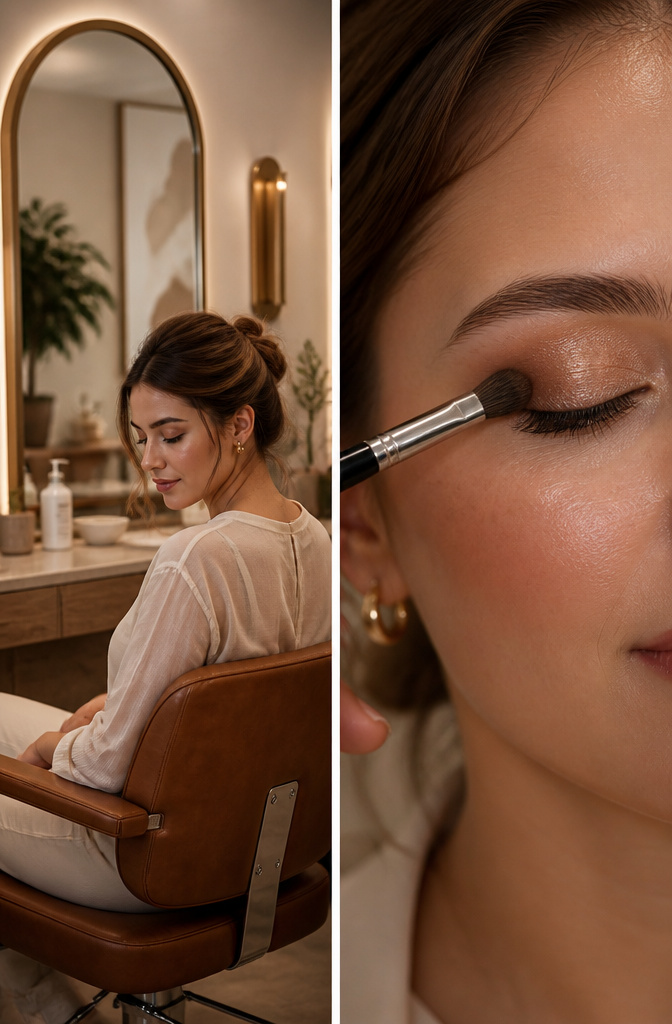 A model with taupe and champagne eyeshadow in a soft blend.
