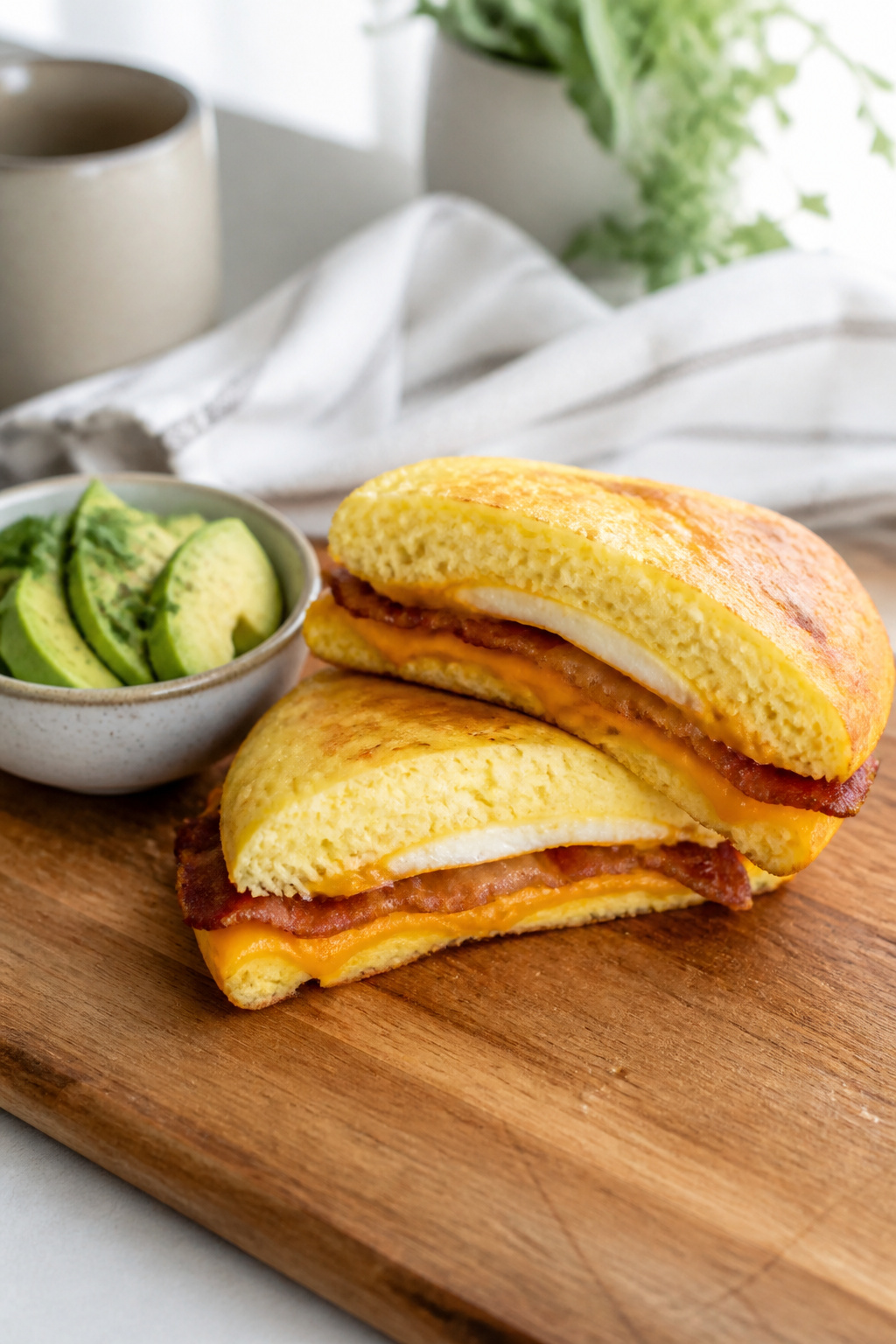 Keto breakfast sandwich with egg, cheese, and bacon on a wooden board.