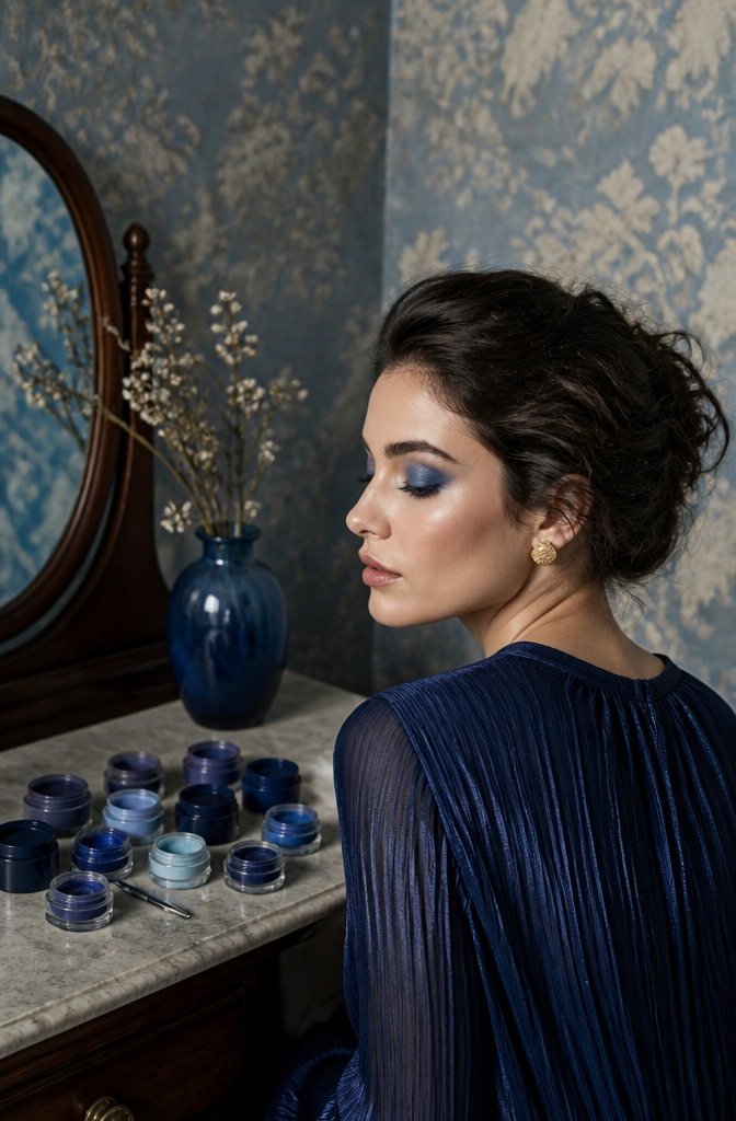 Model with a monochromatic blue eyeshadow look in soft lighting.