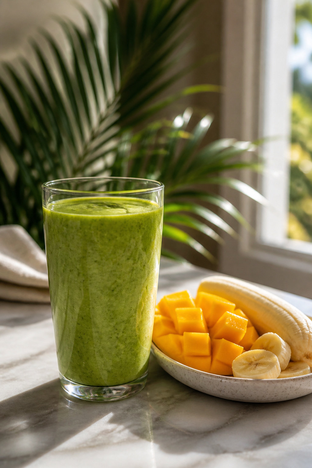 Tropical Green Smoothie in a glass with mango chunks and spinach.