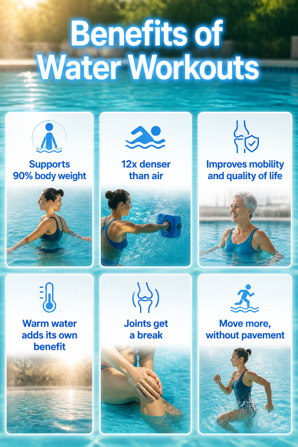 Infographic on benefits of water workouts.