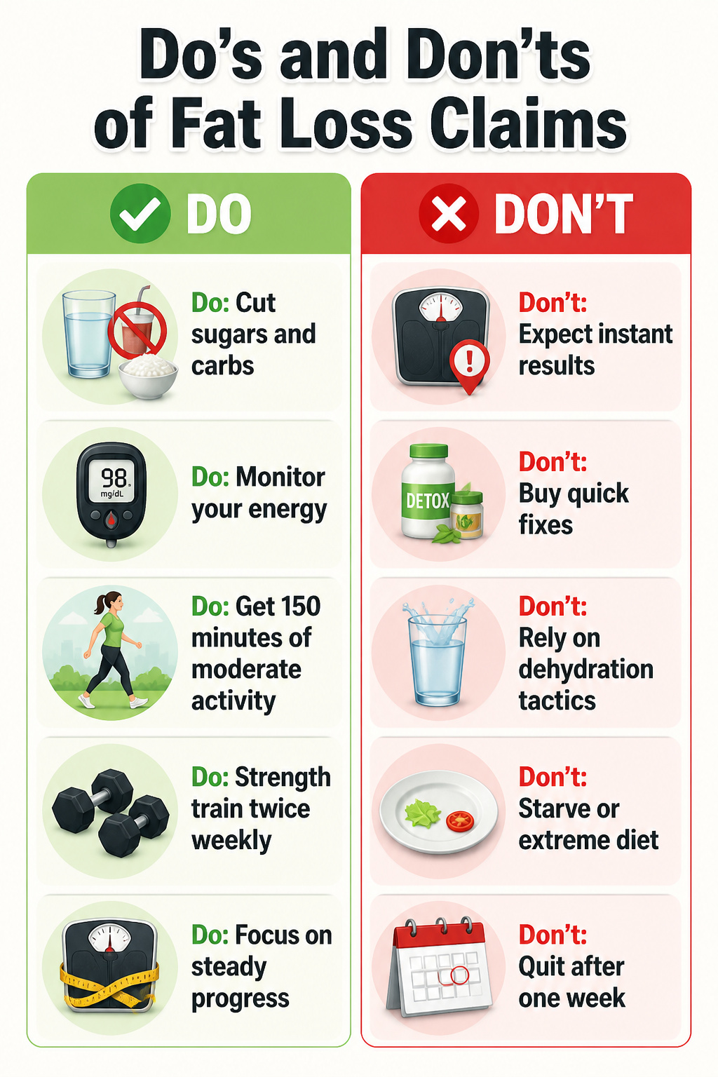 Do's and don'ts graphic regarding claims of rapid fat loss.