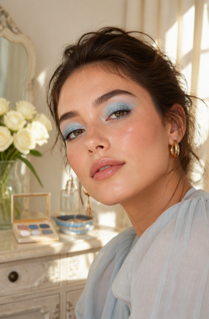 A model wearing light blue pastel eyeshadow.