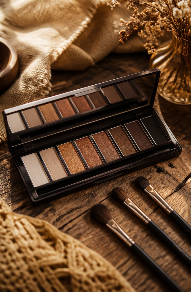 Palette of warm smokey eyeshadow colors on a wooden surface.