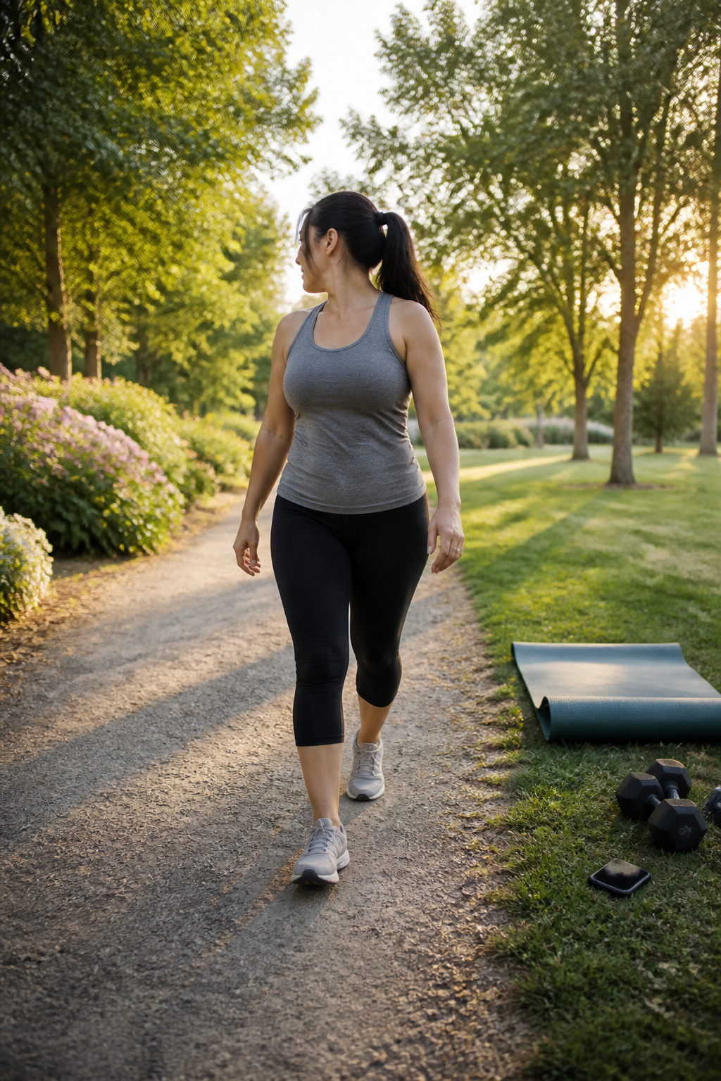 A woman jogging on a lush walking path lined with greenery.