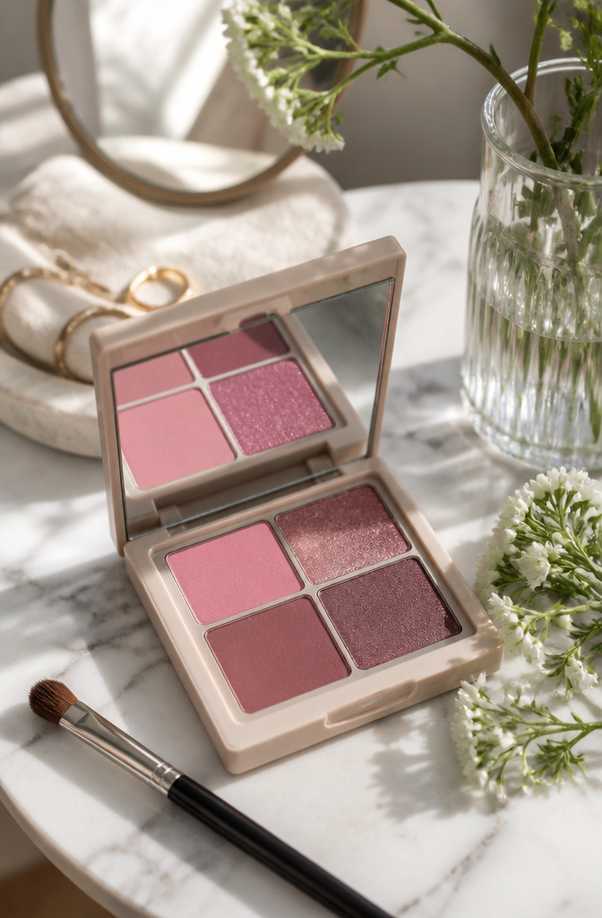 A model showcasing soft pink eyeshadow in a bright setting.