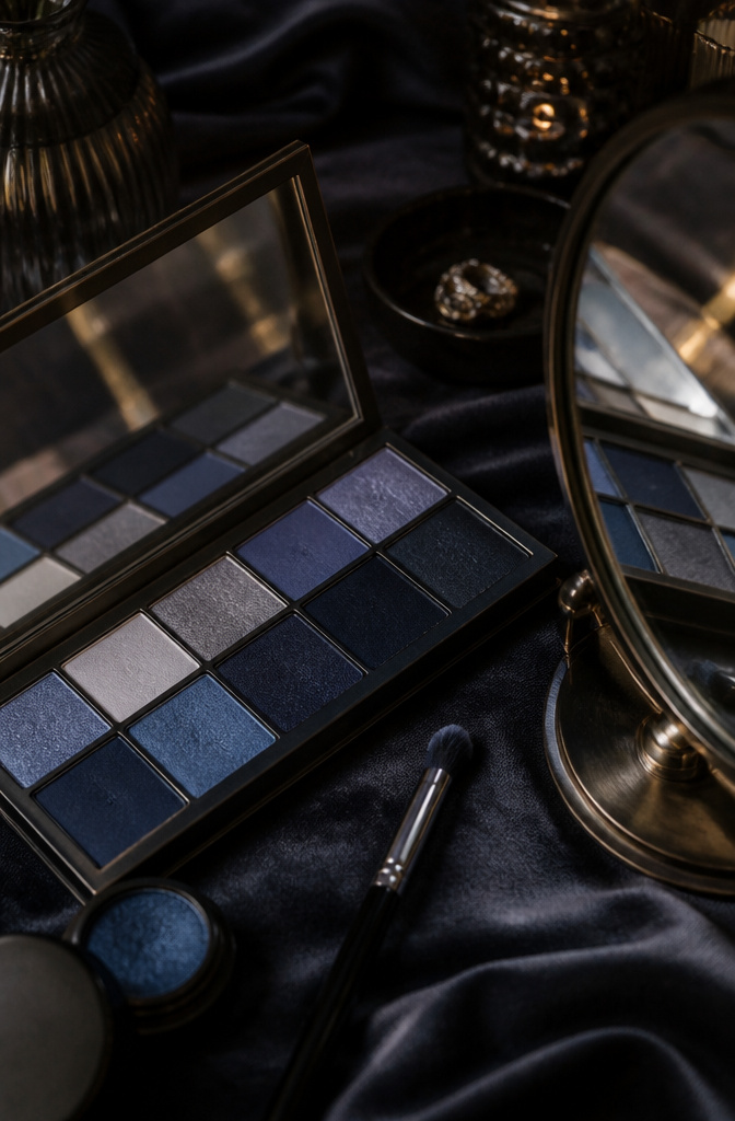 Model showcasing a deep navy and charcoal smokey eye makeup.