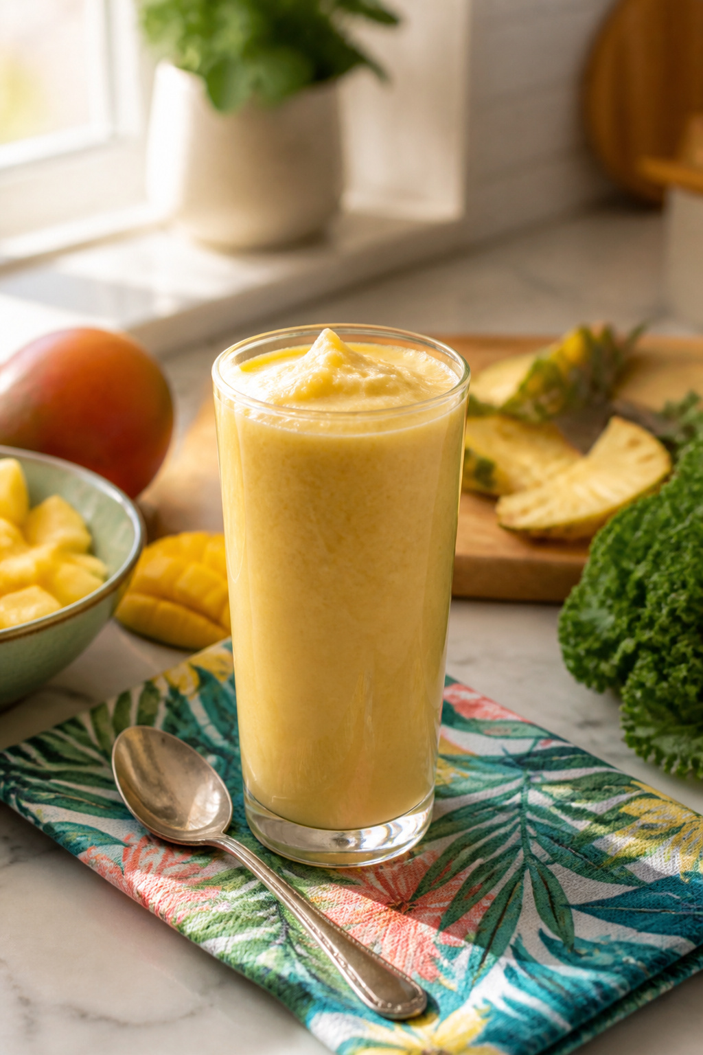 Tropical Fat-Burner Smoothie in a tall glass surrounded by fresh fruits.