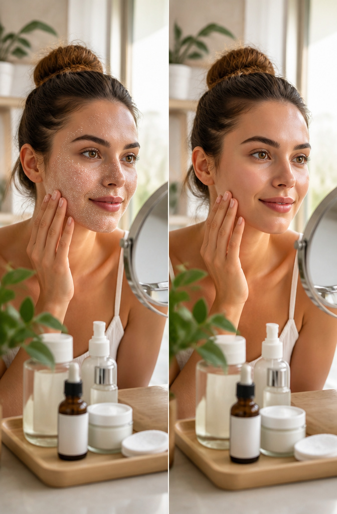 How to Achieve a Dewy Makeup Look: 7 Steps for 2026 2 Model in a bright bathroom showing exfoliation treatment.