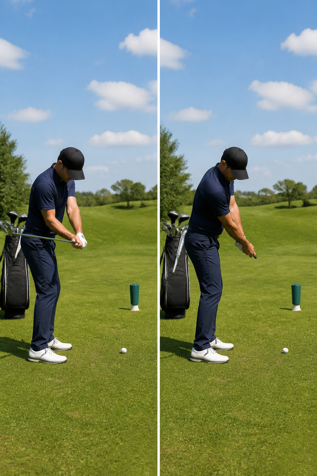 Golfer pauses at position two with club shaft horizontal.