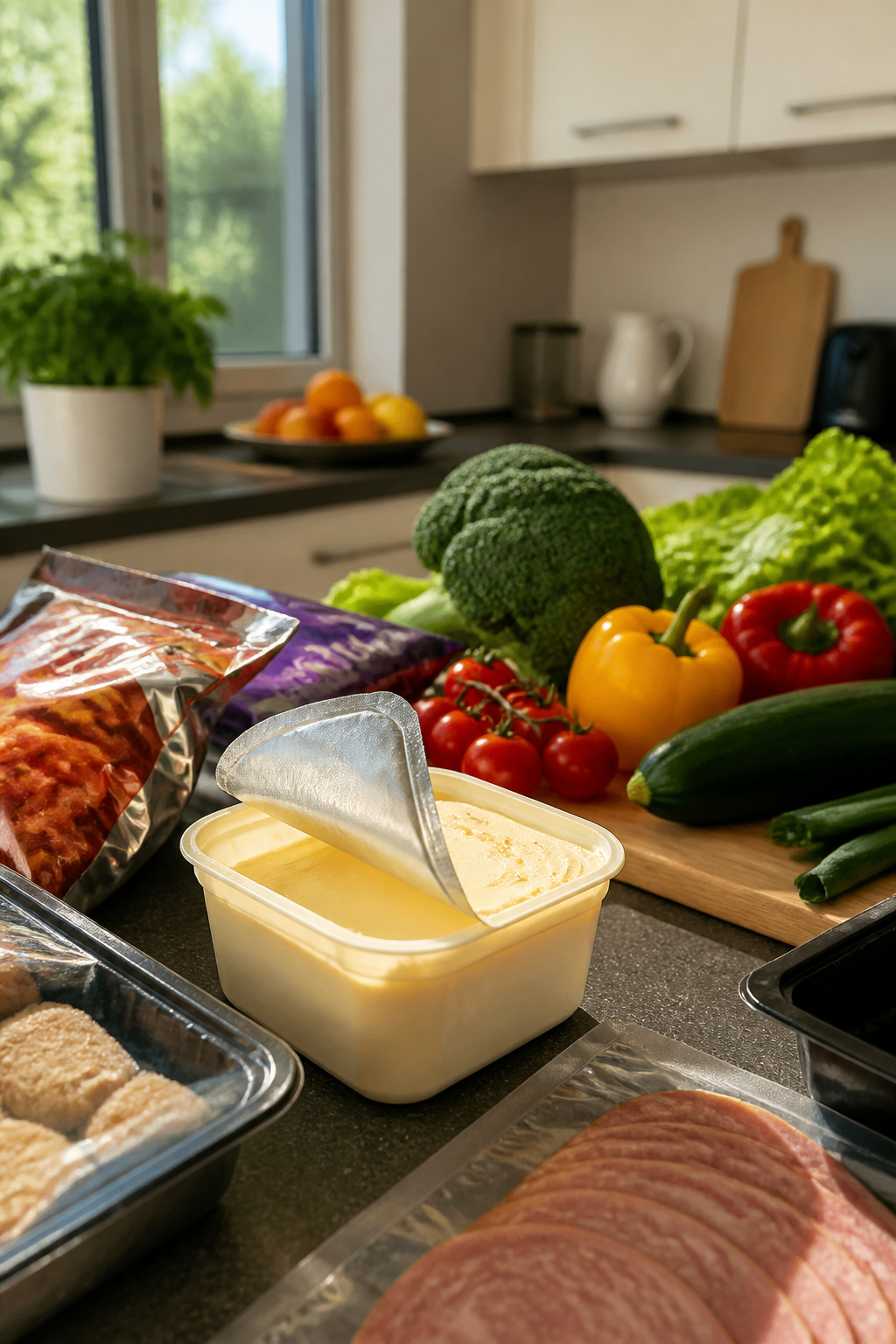 Food packages showing 'partially hydrogenated oils' and fresh vegetables.