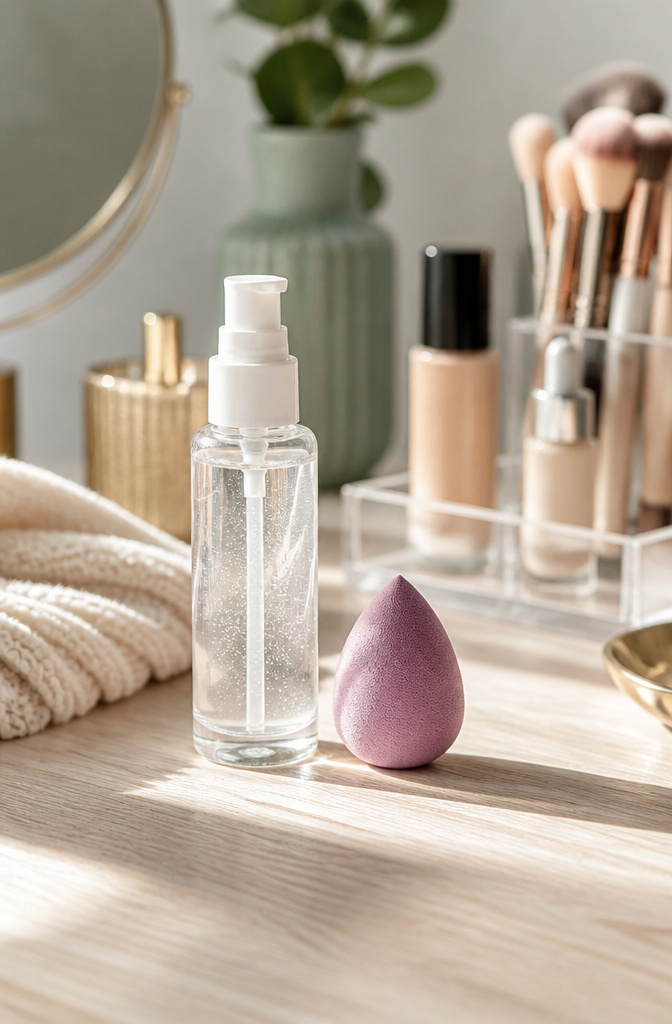 10 Steps to a Flawless Makeup Look (2026 Guide) 2 A transparent makeup primer bottle next to a sponge on a vanity.