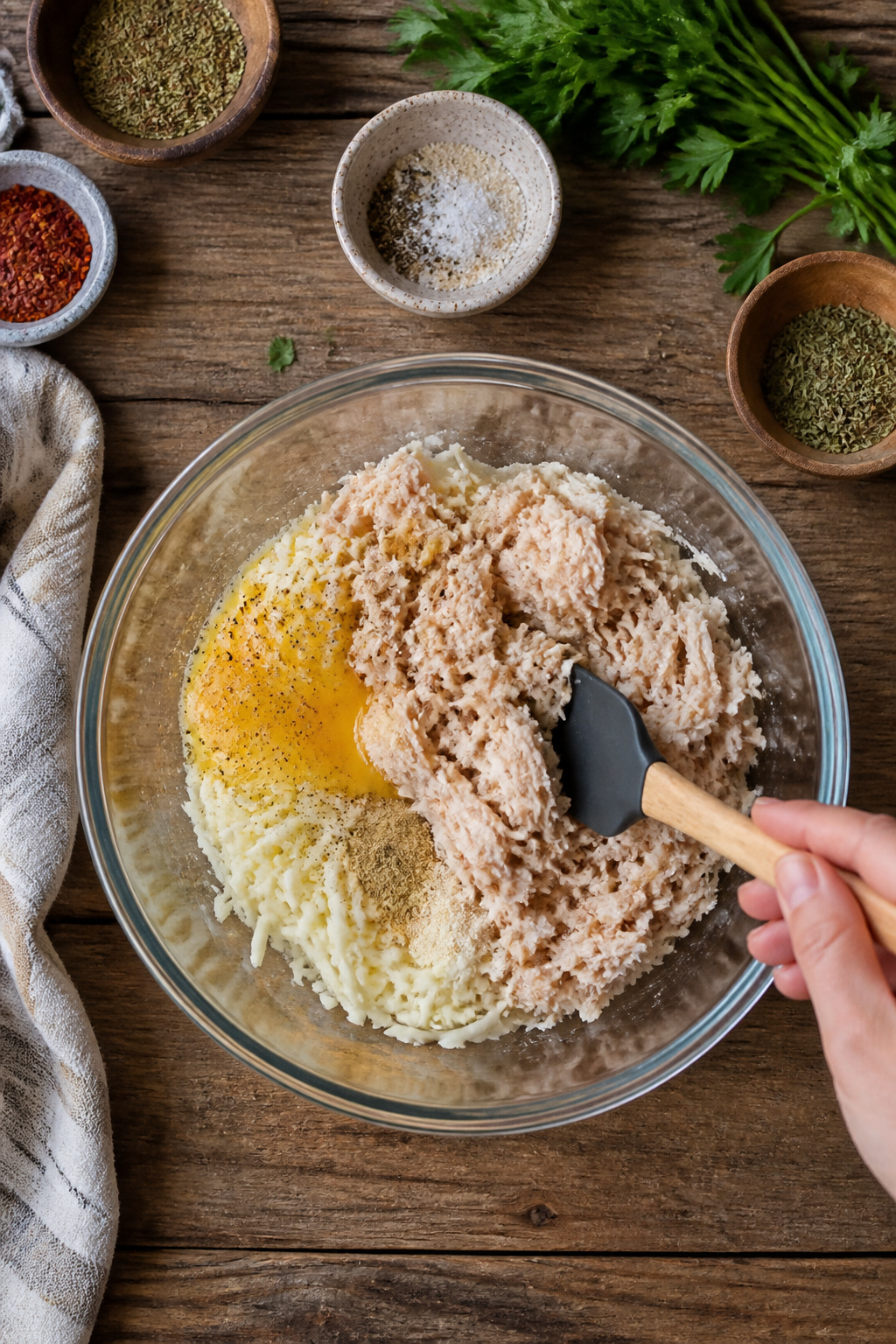 A bowl holding a mixture of chicken, egg, cheese, and seasonings.