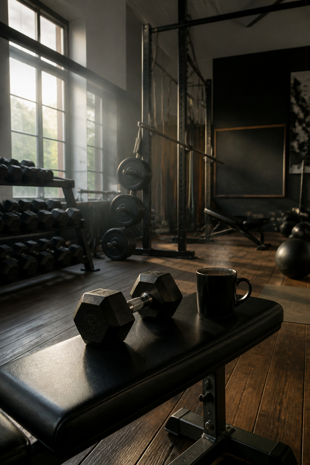 Lone dumbbell on a bench with a coffee cup and a chalkboard with quotes.