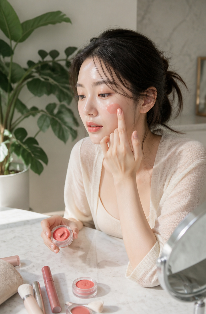 Model with dewy makeup, showcasing a shimmering effect on her skin.