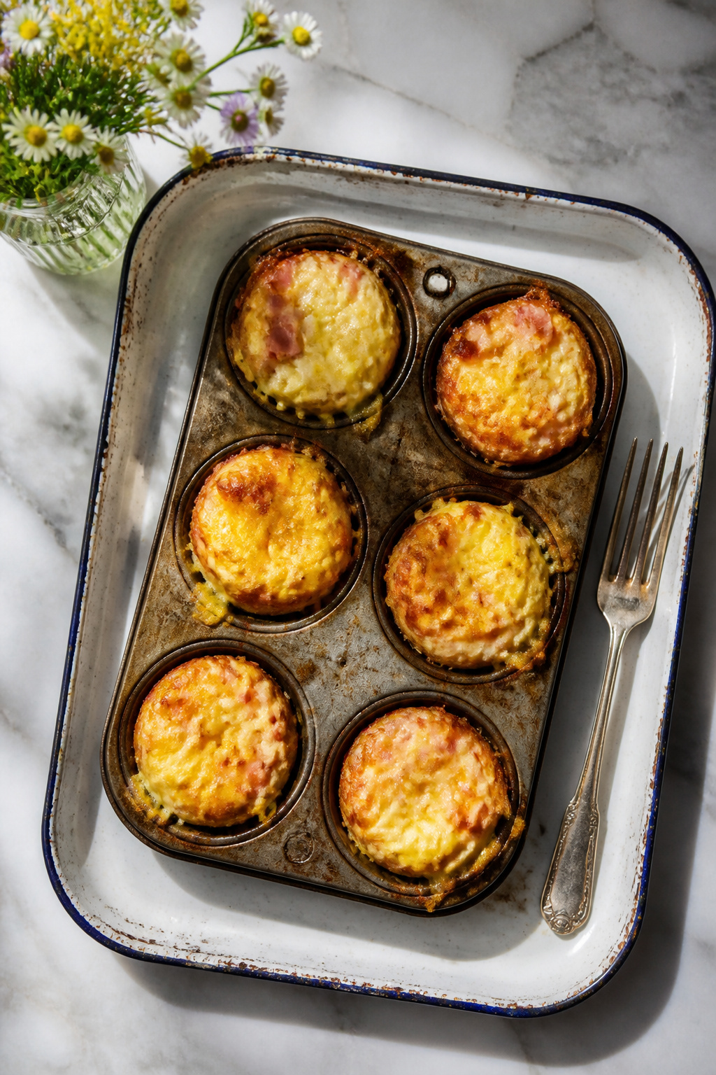 Muffin tin filled with ham slices and egg cups, ready to eat.
