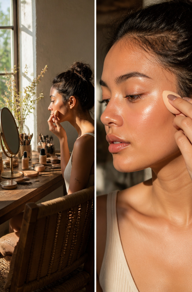 Subject using a sponge applicator to apply a highlighting product.