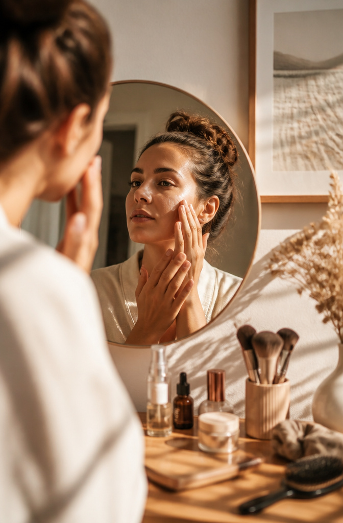A model applying hydrating primer in a sunlit dressing area.